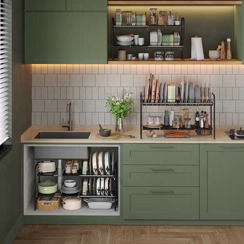 NETEL Expandable Under Sink Organizer，Pot and pan Organizer Under Cabinet - size: Multi-functional with 2 pot holders