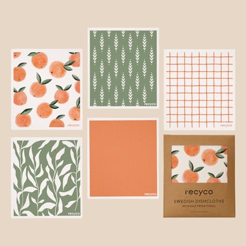 RECYCO Swedish Dishcloths for Kitchen | 5 Pack Peachy Leaves Washable Dish Rags | Cellulose Reusable Cleaning Paper Towels | Absorbent Counter Dish Cloth Sponge Kitchen Wipes, 8" L x 7" W - color: Peachy Leaves- 5 Pack