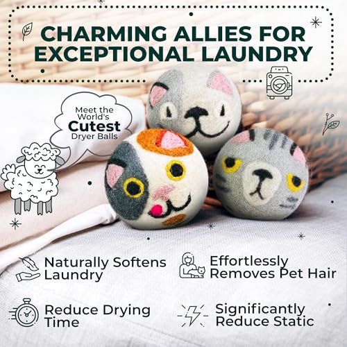 Chemical Free & Baby Safe! Reusable Wool Dryer Balls XL 6-Pack - Reduces Static, Cuts Dry Time, & Softens Naturally - color: Whimsicat & Friends