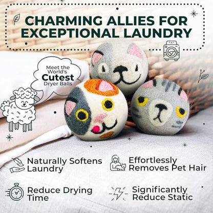 Chemical Free & Baby Safe! Reusable Wool Dryer Balls XL 6-Pack - Reduces Static, Cuts Dry Time, & Softens Naturally - color: Whimsicat & Friends