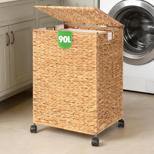 Livole Wicker Laundry Hamper with Lid & Wheel, Rattan Laundry Basket, 90L - color: Natural, size: 90L
