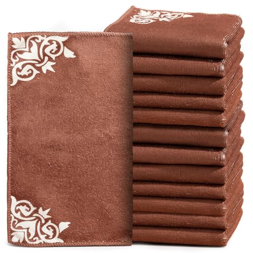 YUA Microfiber Cleaning Cloth 12 Pack,Microfiber Towels Cleaning,Microfiber Towels for Cars,Absorbent Dish Washing Cloth,Reusable Cleaning Cloths Lint Free (Brown Corner Flower) - style: Brown Corner Flower）