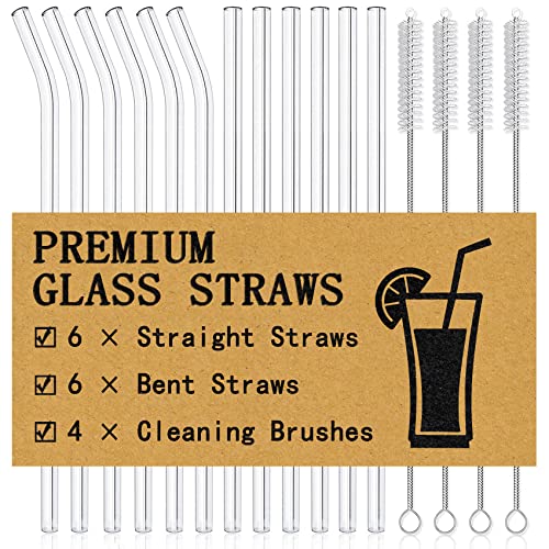 Piteno® 12Pcs Glass Straws with 4Pcs Brushes, Reusable Clear Glass Drinking Straws, 8.5''x10MM, Set of 6 Straight and 6 Bent with 4 Cleaning Brushes, Perfect for Smoothies, Milkshakes, Juice, Tea - color: Clear, size: 8.5"
