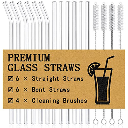 Piteno® 12Pcs Glass Straws with 4Pcs Brushes, Reusable Clear Glass Drinking Straws, 8.5''x10MM, Set of 6 Straight and 6 Bent with 4 Cleaning Brushes, Perfect for Smoothies, Milkshakes, Juice, Tea - color: Clear, size: 8.5"