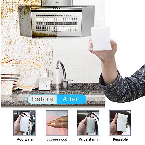 Magic Sponge Eraser, 100 Pack Melamine Foam Bulk Sponge Sheets - Bathroom, Oven, Shower, Glass, Dishes, Stove Top, Kitchen Sinks, Bathtub, Wall Tile, Baseboard Cleaner - White, Not Easily Rip