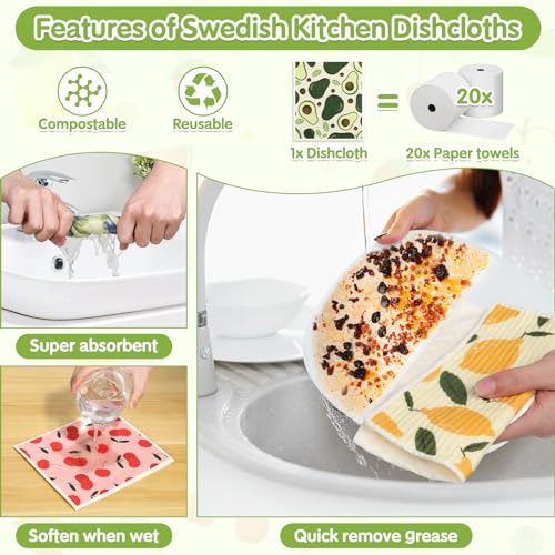 10 Pack Swedish Dishcloths for Kitchen- Reusable Paper Towels Washable Swedish Cloths Fruit Prints Dish Wipes with Adhesive Clips- Super Absorbent Fast Drying Kitchen Sponge for Cleaning Dishes - color: 10 Pack-fruits Prints+ Clips