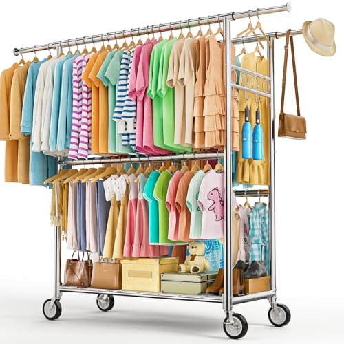 Heavy Duty Clothes Rack Load 1060LBS, Four Rods Rolling Clothing Racks for Hanging Clothes, Rolling Garment Rack With Sturdy Wheels Shelves Hooks, Portable & Adjustable Commercial Garment Rack, Silver - color: Silver, size: 20.0" x 60.6" x 72.8"(4 Rods)