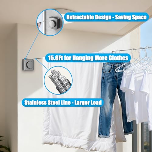 Retractable Clothesline Indoor Outdoor Non-Sag 16.2Ft Stainless Line(Gray) - color: Gray