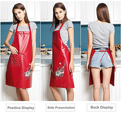 PU Kitchen Oil and Waterproof Aprons for Women with Pocket for Cooking Washing - color: Coffee