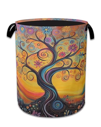 Abstract Tree Flowers Laundry Basket,Oxford Cloth Laundry Hamper With Handle Foldable Portable Clothes Storage Basket for Laundry Room/Bedroom/Bathroom 20.8"x16" - color: Abstract Tree Flowers