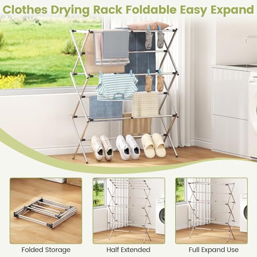 APEXCHASER Stainless Steel Clothes Drying Rack, 45.28" H × 14.57" D - color: Silver, size: Large