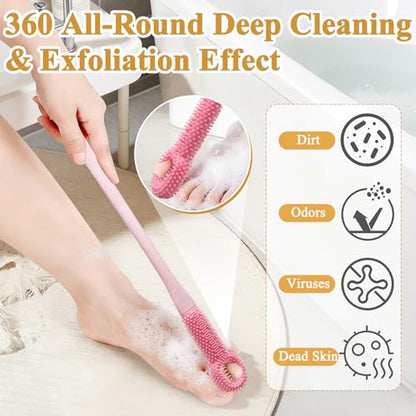 2 Pack Toe Scrubber Brush Long Handle, Soft Rubber Toe Cleaner for Deep Cleaning Exfoliation, Foot Brush for Seniors, Pregnant Women and Limited Mobility No Bend to Use in Shower (Pink)