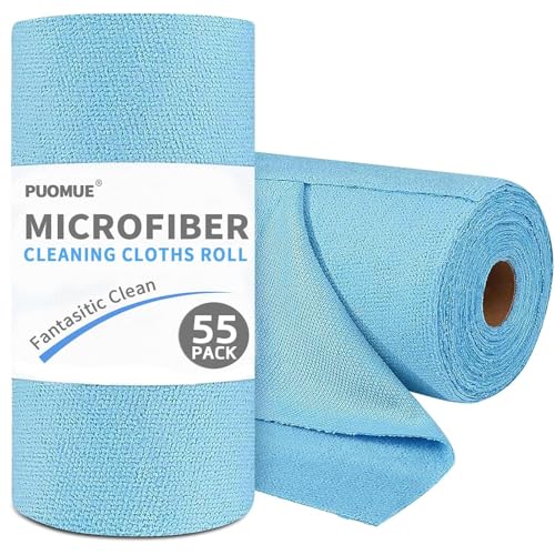 Puomue 55 Pack Microfiber Cleaning Cloth Roll, Tear Away Reusable Paper Towels, 11" x 9", Ultra Absorbent & Lint Free Microfiber Cloth for Cleaning Cars, Kitchen, Window, Home and Shop, Blue - color: Blue, size: 9”x11”-55PK