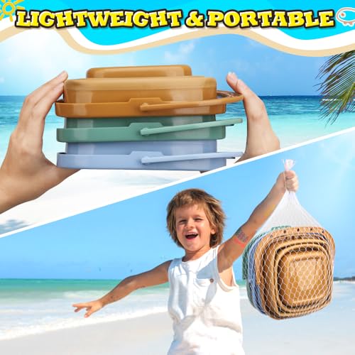 Dilabnba 3-Pack Collapsible Beach Buckets with Mesh Bag, Silicone Sand Water Pails for Kids, Easter Buckets, Portable Beach Toys for Travel, Camping, Fishing, Summer Fun - style: Square