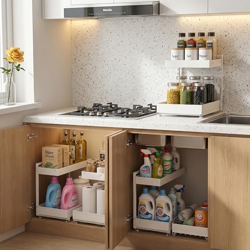 Under Sink Organizer 2 Pack, 2-Tier Metal Slide-Out, Height Adjustable