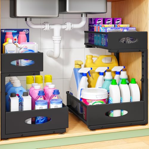 Under Sink Organizer, 1-Pack Pull Out Cabinet Organizer 2 Tier Metal Slide Out Storage Shelf Rack, L-Shaped Adjustable Height,Mesh Sliding Drawer for Kitchen, Bathroom, Laundry, Pantry, Black, XL - color: Black, size: 1-Pack