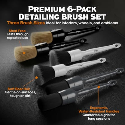 Premium Car Detailing Brush Set - Complete 6 Pack Kit - 2 Boar's Hair, 2 Ultra Soft, 2 Synthetic Bristles - Car Detail Brush for All Surfaces, Leather Seats, Air Vents, Wheels & Emblems, and More - color: Multi (6 Pack)