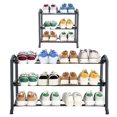 happhom 3-Tier Expandable Shoe Organizer, Space Saver Shelf with Smart Design, Small Shoe Rack for Entryway, Cabinet and Small Spaces, Dark Grey (CSR-02) - style: CSR-02