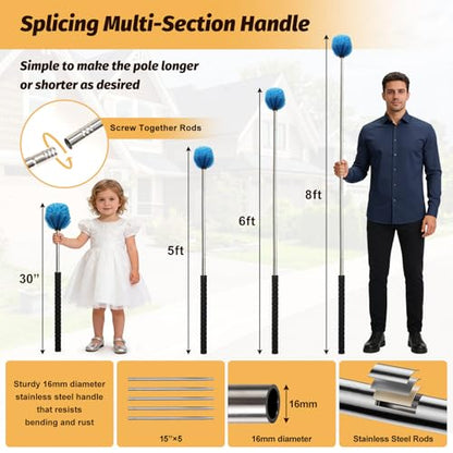 Cobweb Duster Brush with Extension Pole,Lightweight 5ft Long Spider Web Cobwebs Ceiling Fan Dust Cleaning Brush Kit with Washable Head for Furniture, Eaves, VentRoof House Cleaning up to 12.5ft