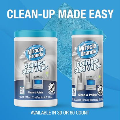 MiracleWipes for Stainless Steel, Great for Kitchen and Appliances, Including Oven, Refrigerator, Dishwasher, Microwave, Sink, Hood, Grill, Removes Fingerprints and Smudges - 60 Count - size: 60 Count (Pack of 1)