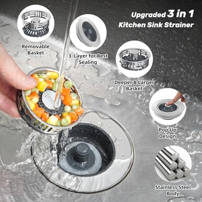 Hibbent 3 in 1 Kitchen Sink Drain Strainer, Metal Pop Up Stopper - color: Brushed Stainless Steel
