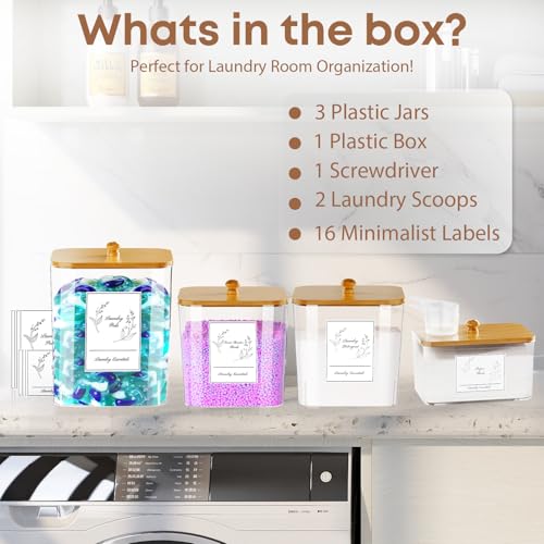 COAZEX 4 Pack Clear Laundry Pods Container & Dryer Sheet Holder,Bamboo Lids - color: Bamboo-Square-White Labels
