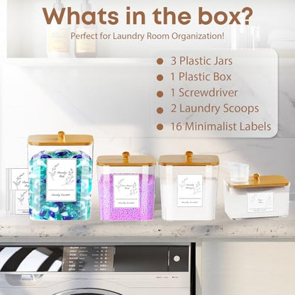 COAZEX 4 Pack Clear Laundry Pods Container & Dryer Sheet Holder,Bamboo Lids - color: Bamboo-Square-White Labels