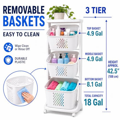 Japard 18 Gal Rolling Laundry Hamper Ultra Slim, Vertical 3 Sorter Cart with Wheels and Breaks, 3-tier Baskets Detachable for Dorm, Closet, Easy Assembly White Gray
