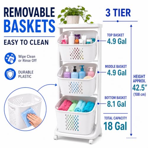 Japard 18 Gal Rolling Laundry Hamper Ultra Slim, Vertical 3 Sorter Cart with Wheels and Breaks, 3-tier Baskets Detachable for Dorm, Closet, Easy Assembly White Gray