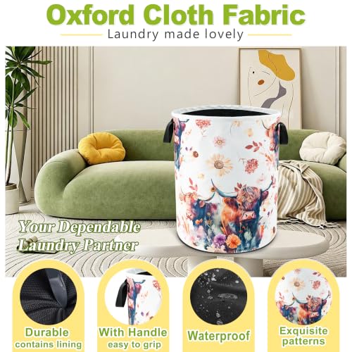 Highland Cow Floral Laundry Basket Foldable Waterproof 18.9 x 16.5 Inch - color: Beautiful Highland Cow