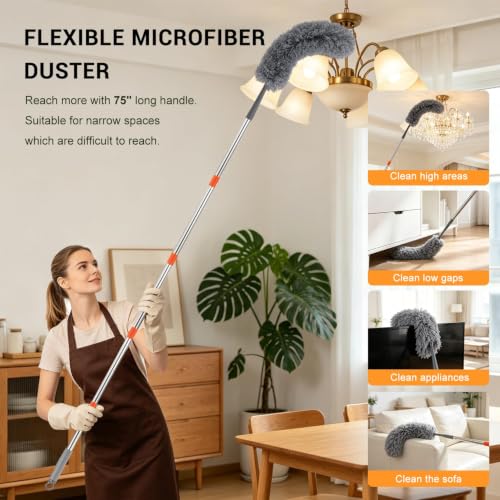4 in 1 Fan Duster, Ceiling Fan Blade Cleaner with 76“ Long Handle - color: Gray