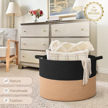 INDRESSME 115L Extra Large Woven Rope Blanket Basket Living Room BlackCamel - color: Black & Camel, size: 23.6"D x 15.7"H