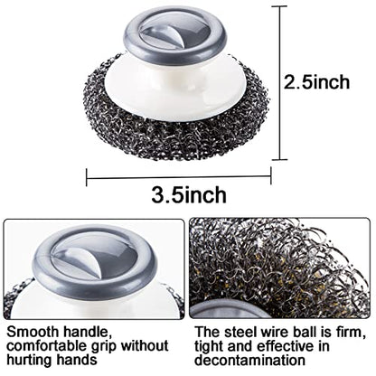 Stainless Steel Wool Scrubber with Handle, Heavy Duty Pot & Dish Scrubber Cleaning Brush Wash for Dish, Stainless Steel Scrubbing Brushes Cleaning Supplies for Pots, Pans, Grills, Sink (3)
