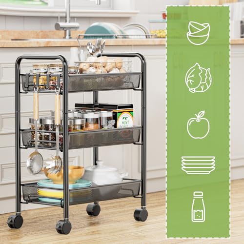 JANE EYRE 3-Tier Rolling Utility Storage Rack Cart on Wheels, Trolley Craft cart, Multi-Purpose Organizer Shelf, Black - color: Black, size: 3 Tier