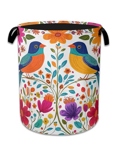 Bird Flower Laundry Basket,Oxford Cloth Mexico Laundry Hamper With Handle Foldable Portable Clothes Storage Basket for Laundry Room/Bedroom/Bathroom 20.8"x16" - color: Bird Flower Mexico