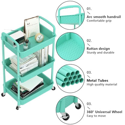 MOYIPIN 3-Tier Plastic Rolling Utility Cart with Handle,Turquoise - color: Turquoise, size: 3-Tiers without cups