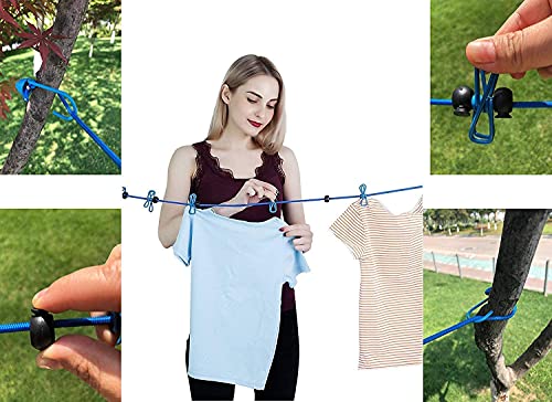 1 Pack Portable Clothesline with 12 Clothespins, Travel Clothesline Stretchy Retractable Elastic Laundry Clothes Line for Backyard, Vacation Hotel, Balcony Clothes Drying Line (Blue) - style: Blue