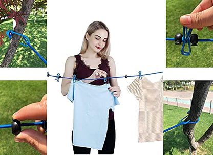 1 Pack Portable Clothesline with 12 Clothespins, Travel Clothesline Stretchy Retractable Elastic Laundry Clothes Line for Backyard, Vacation Hotel, Balcony Clothes Drying Line (Blue) - style: Blue