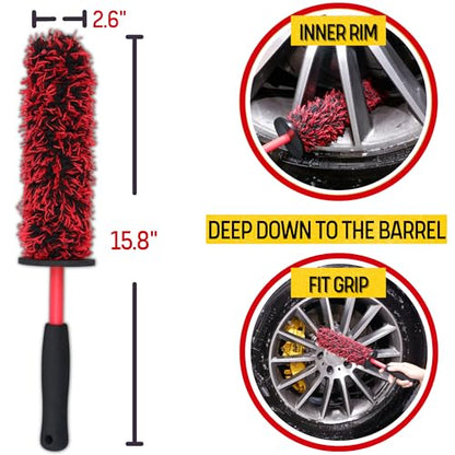 oesee Professional 4 Pack Long Handle Wheel Brush Kit for Cleaning Wheel and Tire- 2X Soft Wheel Cleaning Brush, Detailing Brush and Stiff Tire Brush, Bendable& Durable Wheel Rim Cleaner Brush Set - size: 5 Pack (Red & Black)