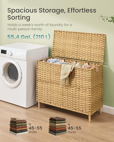 SONGMICS 4-SectionLaundry Hamper With Lid, PE Rattan, 55.5 Gallons (210 L) - color: Goose Yellow, size: 210 L (4 Basket)