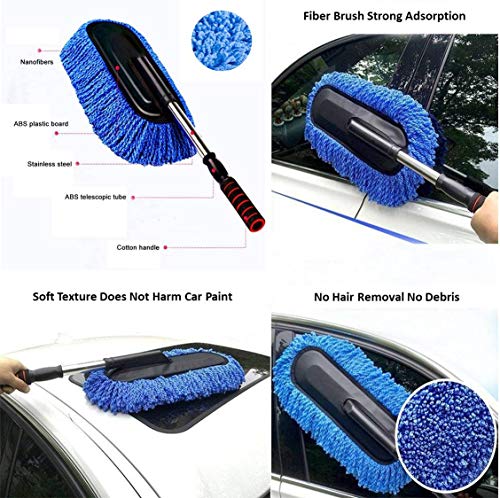 Removable Telescopic Car Wax Drag Nano Fiber Car Wash Brush Car Dusting Tool Car Mop Wax Dash Duster Exterior Interior Cleaning Kit (Premium Car Duster & Dash Duster 2 Pcs Set, Blue) - color: Blue, size: Premium Car Duster & Dash Duster 2 Pcs Set