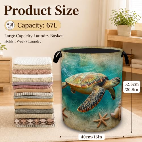 Sea Turtle Beach Large Laundry Hamper, Collapsible Oxford Clothes Basket with Handles, Freestanding Dirty Clothes Organizer for Bedroom Bathroom Dorm Laundry Room, 16 x 20.8 Inch - color: Sea Turtle Beach