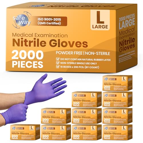 SAFEWAY USA 2000 pcs, Large, 4 Mil Nitrile Disposable Gloves — Multi-Purpose Powder-Free and Non-Latex Textured Fingertips for Medical Use, Nursing, Lab Works, Kitchen Prep, Cleaning, Tattooing & More