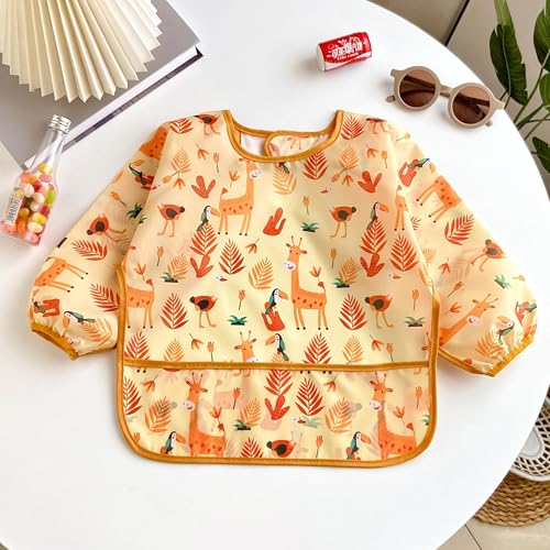 PandaEar (3 Pack Long Sleeve Bibs| Waterproof Full Sleeve Bib for Baby Infant Toddler 6-36 Months - style: Cake Bunny Giraffe Girl
