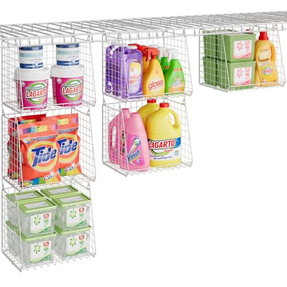 3-Pack Extra-Tall 13.6'' Hanging Laundry Basket Organizer, Foldable Wire Shelf with 360° Rotating Hooks & Reinforced Height - Durable Space-Saving Laundry Room & Closet Organizer, White Patent - color: White