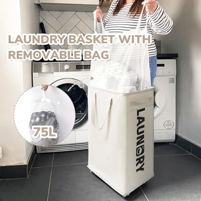 CHICVITA 75L Laundry Basket with Wheels & Handle 2-Pack, Wash Bags, White - color: White, size: 2-Pack 75L (15.7"L x 11.8"W x 24.8"H)