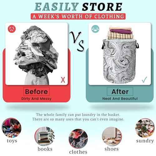 Marble Texture Laundry Basket Oxford Cloth Foldable Hamper 18.9x16.5 Inch - color: Black and White Marble Texture