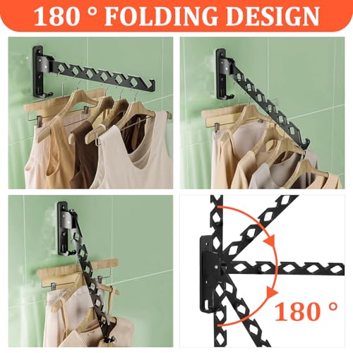 2 Pack Wall Mount Coat Hanger Holder Black Clothes Drying Organizer Rack Garment Hooks Aluminium Retractable Folding Indoor Wall Mounted Hanger Space Saver for Laundry Room Bedroom Black