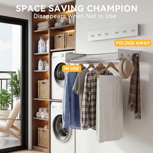 Foldable Wall Mounted Drying Rack, 31.5" Clothes Drying Rack with 6 Hooks & 6 Knobs, Space Saving Laundry Organizer, Heavy Duty Retractable Dry Rack with 5 Thickened Rods for Apartments - color: Premium - 6 Knobs & 6 Hooks, size: Width 31.5"