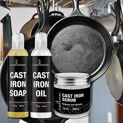 Culina Supreme Cast Iron Care Set: Restoring Scrub, Cleaning Soap & Conditioning Oil | Best for Cleaning Care, Washing & Restoring | 100% Plant-Based | for Cast Iron Cookware, Skillets, Pans & Grills!